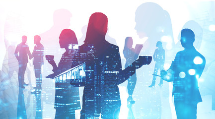 Business people with coffee in night city teamwork