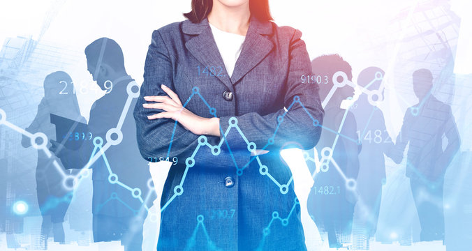 Confident woman and her team in city, graph - Powered by Adobe