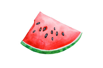 Fresh Watermelon sliced one piece Watercolor hand drawing and painting illustration isolated on white  paper Background.