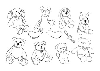 Set of Teddy bears, hare and dogs stuffed hand maade toys. Colored vector illustration. Isolated on white background.