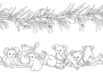 Koala bear seamless pattern. Outline hand drawing vector illustration.