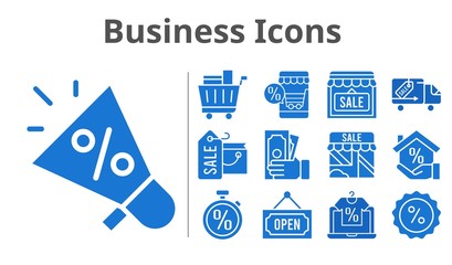 business icons set. included online shop, megaphone, shopping bag, shop, mortgage, money, shopping cart, discount, delivery truck, open, stopwatch icons. filled styles.