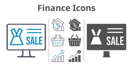 finance icons icon set included online shop, profits, mortgage, shopping-basket icons