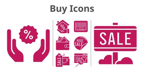 buy icons set. included shopping bag, online shop, sale, mortgage, wallet, discount, barcode icons. filled styles.