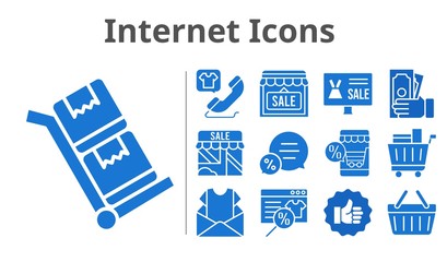 internet icons set. included online shop, newsletter, shop, money, like, chat, shopping cart, phone call, shopping-basket, trolley icons. filled styles.