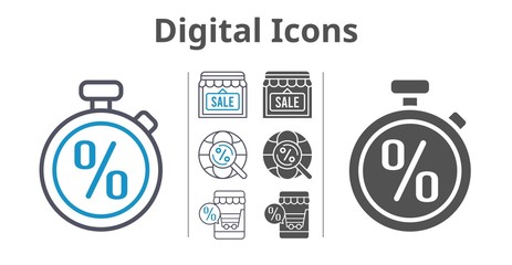 digital icons icon set included online shop, shop, stopwatch, internet icons