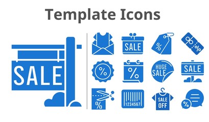 template icons set. included gift, calendar, newsletter, sale, shirt, chat, voucher, price tag, discount, barcode icons. filled styles.