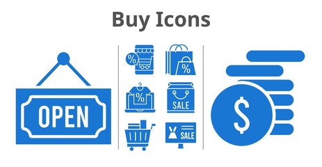 buy icons set. included online shop, shopping bag, money, shopping cart, open icons. filled styles.