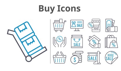 buy icons set. included online shop, shopping bag, sale, mortgage, money, shopping cart, discount, shopping-basket, trolley icons. bicolor styles.