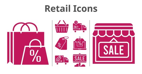 retail icons set. included shopping bag, online shop, sale, shop, price tag, shopping-basket, delivery truck icons. filled styles.