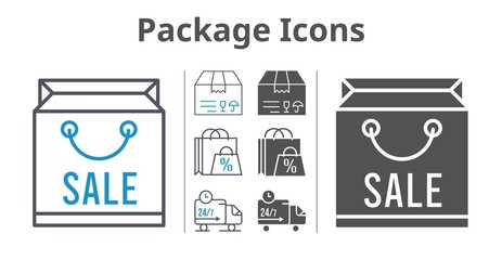 package icons icon set included shopping bag, package, delivery truck icons
