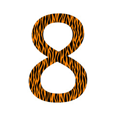 Decorative black and oranje number 8 with animal ornament. Tiger skin. Textured curved lines effect. One isolated number. Template design for card, poster, banner. Vector fashion font.