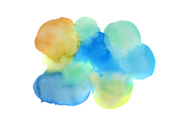 Green, blue, orange and Yellow Watercolor hand painting and splash abstract texture on white paper Background