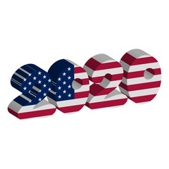 Obraz premium Text 2020 with American flag inside the text. 3D Vector illustration on striped background. American flag in letters. National emblem. Patriotic illustration. USA vote.