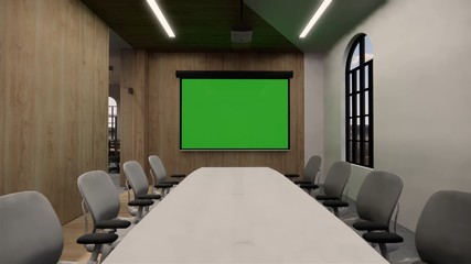 Fototapeta na wymiar Interior Empty Modern Loft Office open space modern office footage.Modern open concept Lobby and reception area meeting room design.3d Rendering .green screen on the wall.