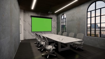 Interior Empty Modern Loft Office open space modern office footage.Modern open concept Lobby and reception area meeting room design.3d Rendering .green screen on the wall.