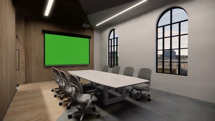 Interior Empty Modern Loft Office open space modern office footage.Modern open concept Lobby and reception area meeting room design.3d Rendering .green screen on the wall.