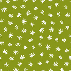 Cannabis seamless pattern. Marijuana leaf, white weed plant. Hashish texture, isolated green background. Hemp psychedelic grass. Fabric print for medical wallpaper. Simple design Vector illustration