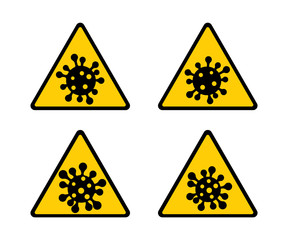 Coronavirus 2019-nCoV. Corona virus attention icon set. Yellow triangle sign isolated white background. Pathogen respiratory infection. Bacteria-cell pandemic. Corona-virus. Vector illustration