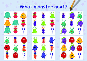 Mini games collection for kids. 
Find regularity and choose next monster. Leisure activity for preschool. Funny monster. Task for children. 