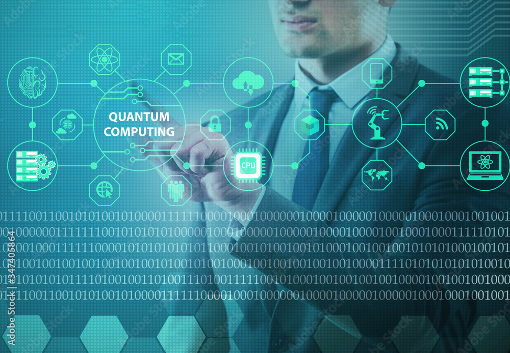 Poster businessman pressing virtual button in quantum computing concept