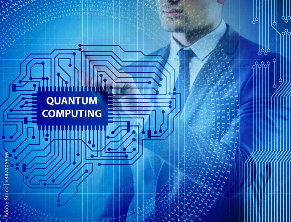 Poster businessman pressing virtual button in quantum computing concept