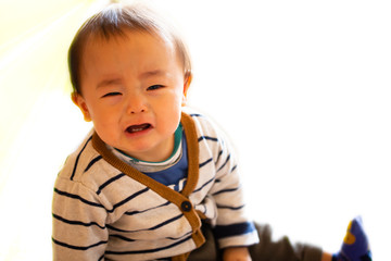 座って泣いている赤ちゃん　何かを訴えている子供