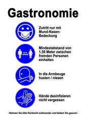 ds198 DiskretionSchild - Gastronomie Set Icons: Zutritt mit Mund-Nasen-Bedeckung. - Mindestabstand 1,50 Meter. - In die Armbeuge husten, niesen. Hände desinfizieren. - Druckvorlage DIN A2 A3 A4 g9610