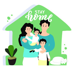 Stay home family concept. Mom and dad with their children: daughter and son. Family with two children and cat. Cute flat characters. Family sitting home. Quarantine or self-isolation. Self care