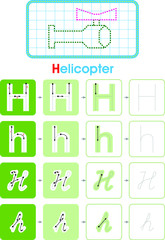 Alphabet H learning letter set practice with helicopter for kids worksheet write isolated background. Vector illustration