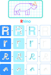 Alphabet R learning letter set practice with rhino for kids worksheet write isolated background. Vector illustration