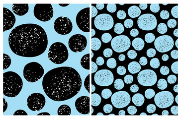 Hand Drawn Childish Style Geometric Vector Patterns. Freehand Irregular Big Dots on a Blue and Black Background. Funny Dotted Print for Textile, Fabric. Black Grunge Spots on a Blue Backdrop.