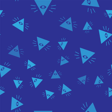Blue Masons symbol All-seeing eye of God icon isolated seamless pattern on blue background. The eye of Providence in the triangle.  Vector Illustration