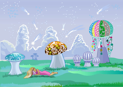 childrens illustration. Girl sleeping under fabulous colorful mushrooms on the background of the night landscape. Design for postcards, wallpaper, photo wallpaper