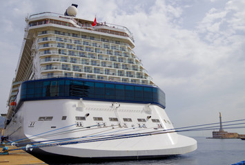 Modern Celebrity Cruises cruiseship or cruise ship liner stern or rear in port of Messina, Italy