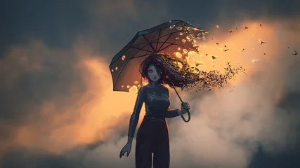 Türaufkleber mysteriöse Frau hält den brennenden Regenschirm, der gegen Sonnenunterganghimmelhintergrund steht, digitaler Kunststil, Illustrationsmalerei © grandfailure