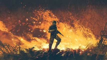 Foto op Plexiglas een soldaat met zijn geweer die tegen de achtergrond van het vuur staat en naar de kijker kijkt, digitale kunststijl, illustratie, schilderkunst © grandfailure