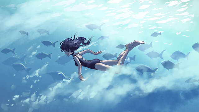 young woman diving with a school of fish in the sea, digital art style, illustration painting