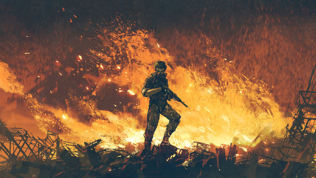 a soldier with his gun standing against fire background and looking at viewer, digital art style, illustration painting