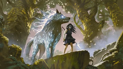 Poster wild meisje met haar wolf die in het bos staat, digitale kunststijl, illustratie, schilderkunst © grandfailure