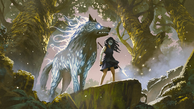wild girl with her wolf standing in the forest, digital art style, illustration painting