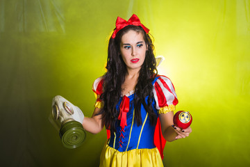 Woman dressed as fairytale character holds Radioactive atomic nuclear ionizing radiation danger...