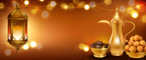 Obraz premium Ramadan Kareem banner. Template for Iftar party invitation with traditional coffee pot, dried dates, ancient lantern and sweets (gulab jamun). Vector illustration.