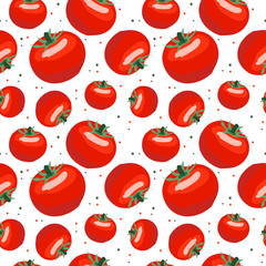 Red tomatoes on white background. Tomato vegetable with leaves. Vector illustration. Seamless pattern. Design for print recipe, menu, label, fabric, wrapping paper.