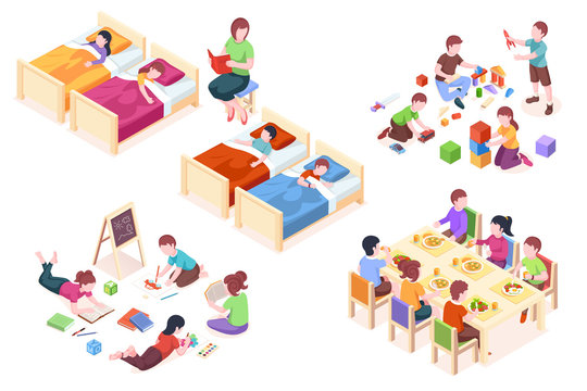 Set of isolated illustration of children s kindergarten activity. Kids at sleep, child at dining table, boys and girls playing, preschool kinder study and read books. Woman teacher with her class