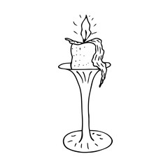  Candle on a candlestick, flame, design, church, holiday. Wax, paraffin flows down the candle. Black lines on a white background.
Vector illustration.