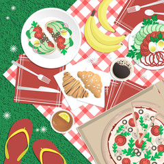 Vector illustration of picnic. Pizza in a box, toasts, vegetables, bananas, croissants,tea, coffee, napkins, checkered cloth. Flip flops on the grass. Top view.