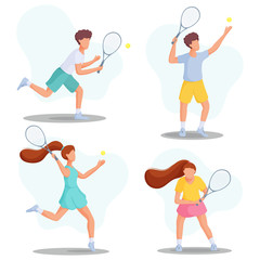 Collection of young people playing tennis. Sports concept. Flat vector illustration.
