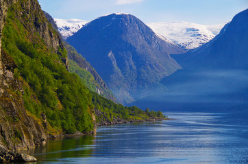 Breathtaking landscape and scenery in Aurlandsfjorden while cruising to Flam in Norway during...