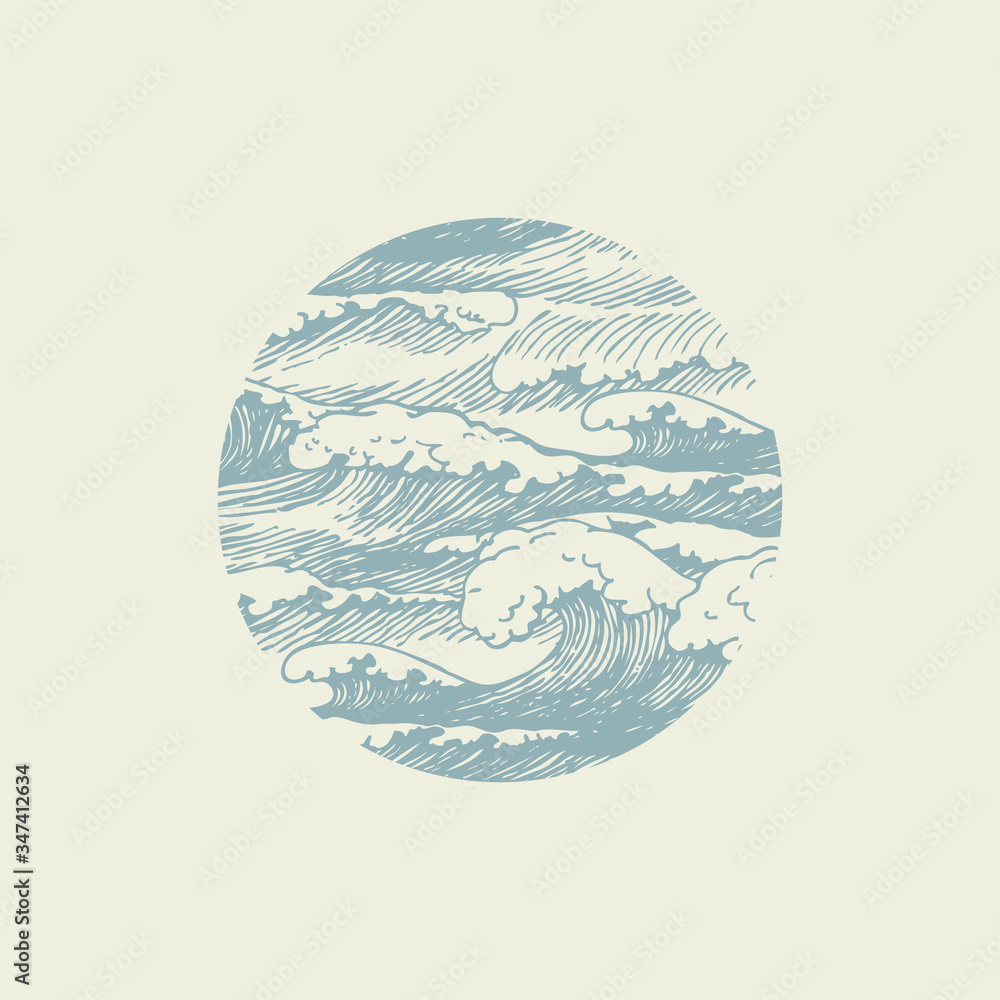 Poster vector banner of round shape with hand-drawn waves in retro style. stormy waves with white breakers 